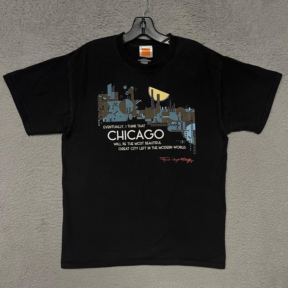 VTG Frank Loyd Wright Chicago T Shirt Men's Size M Black‎ Skyline Great City Tee